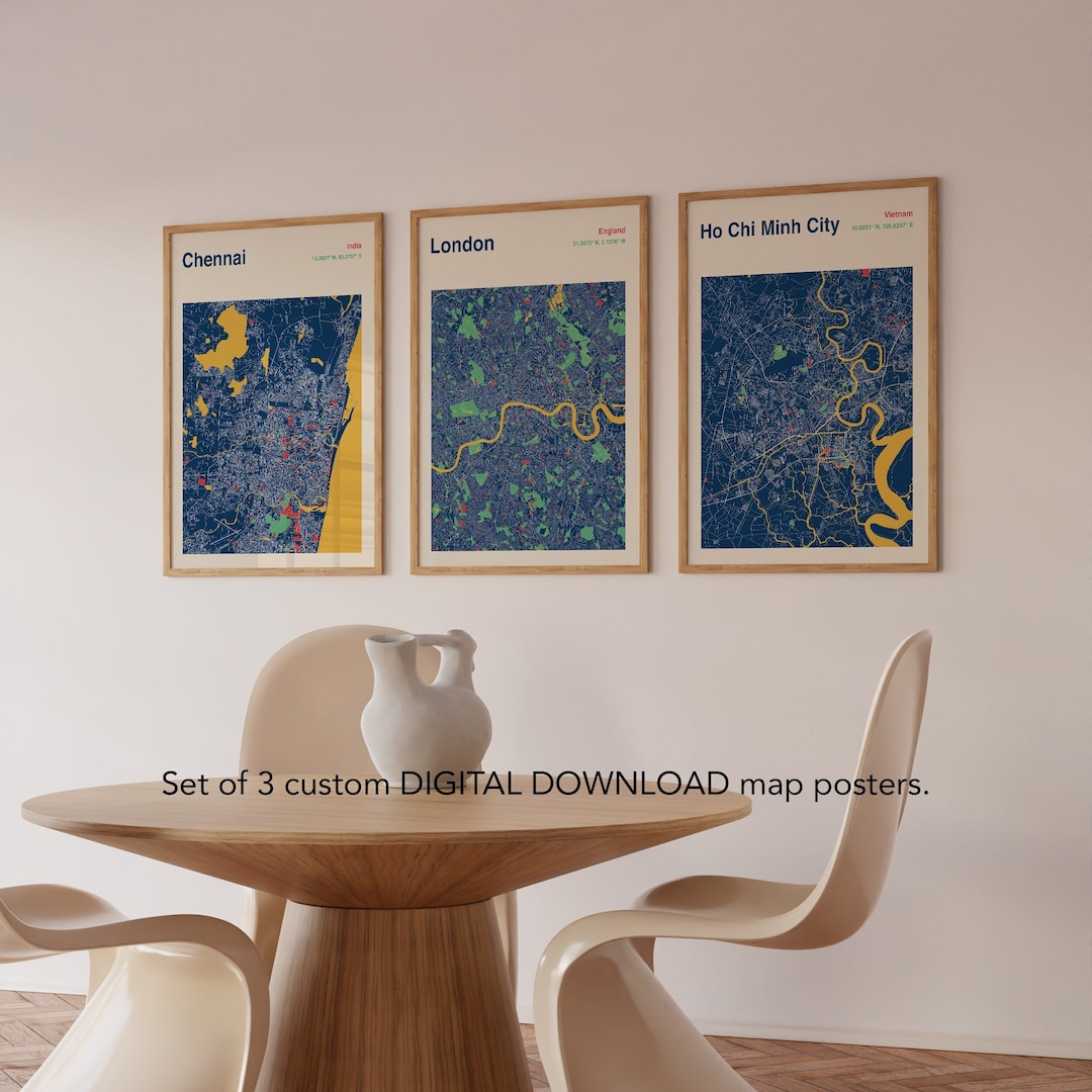 Set of 3 Custom Map Posters, DIGITAL DOWNLOAD Maps, Modern Map Design ...