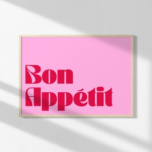 Stampa artistica Bon Appetit, PIÙ COLORI, Arte tipografica da parete, Poster da cucina moderna di metà secolo, Stampe da cucina alla moda rosa pastello / KI135