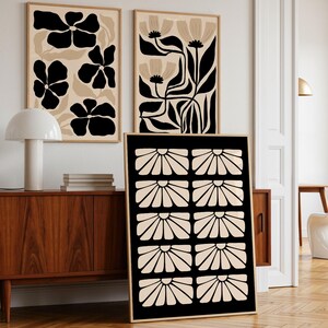 Set of 3 Black and Beige Abstract Flower Prints: Matisse Inspired (Digital Download)