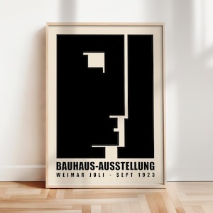 Cartel minimalista de la exposición Bauhaus, impresión de arte Bauhaus Ausstellung, cartel geométrico, arte de pared Bauhaus negro, moderno de mediados de siglo / A92