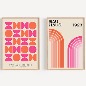 Conjunto de impresión geométrica Bauhaus, impresiones Bauhaus rosa y naranja, pared de la galería de mediados de siglo, cartel de exposición Bauhaus, conjunto de impresión retro / SET 122