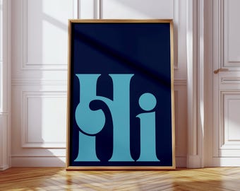 Impresión artística con tipografía azul "Hola": póster moderno para pasillo