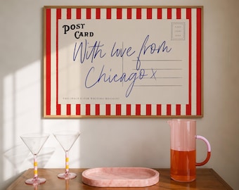 With Love From Chicago, Retro Red Striped Postcard Print | Digital Download