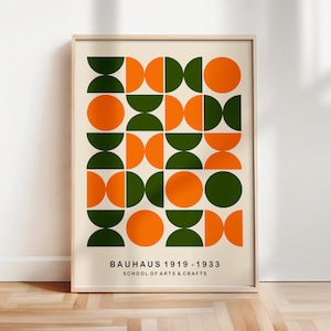 Mid Century Bauhaus Poster, Bauhaus Exhibition Art Print, Bauhaus Green And Orange Semi Circles Wall Art, Minimalist Posters | A226