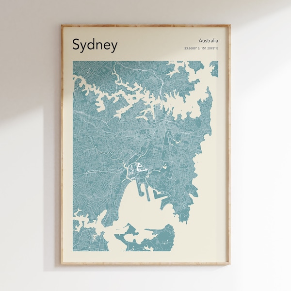 Sydney Karte Poster, MEHR FARBEN, Sydney Stadtplan Druck, Blau Sydney Stadtplan Wandkunst, Karte von Sydney, moderne Karte Drucken