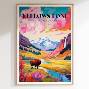 Yellowstone National Park Art Print Poster, Travel Poster, Yellowstone Travel Print, Colourful Landscape Painting, Mid Century Poster