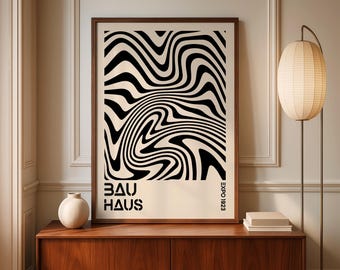 Impression d'art minimaliste Bauhaus : lignes ondulées noires, style moderne du milieu du siècle