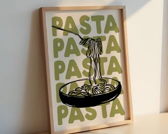 Stampa Retro Pasta Kitchen: Poster di cibo di metà secolo verde oliva