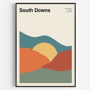 South Downs National Park Poster, Mid Century Travel Poster, Minimal Travel Print, South Downs Art Print, Retro National Park Poster | NP005