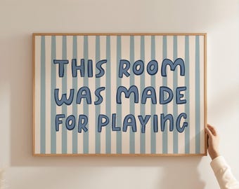 Playroom Wall Art Print: Blue & Cream Striped Kids Room Decor