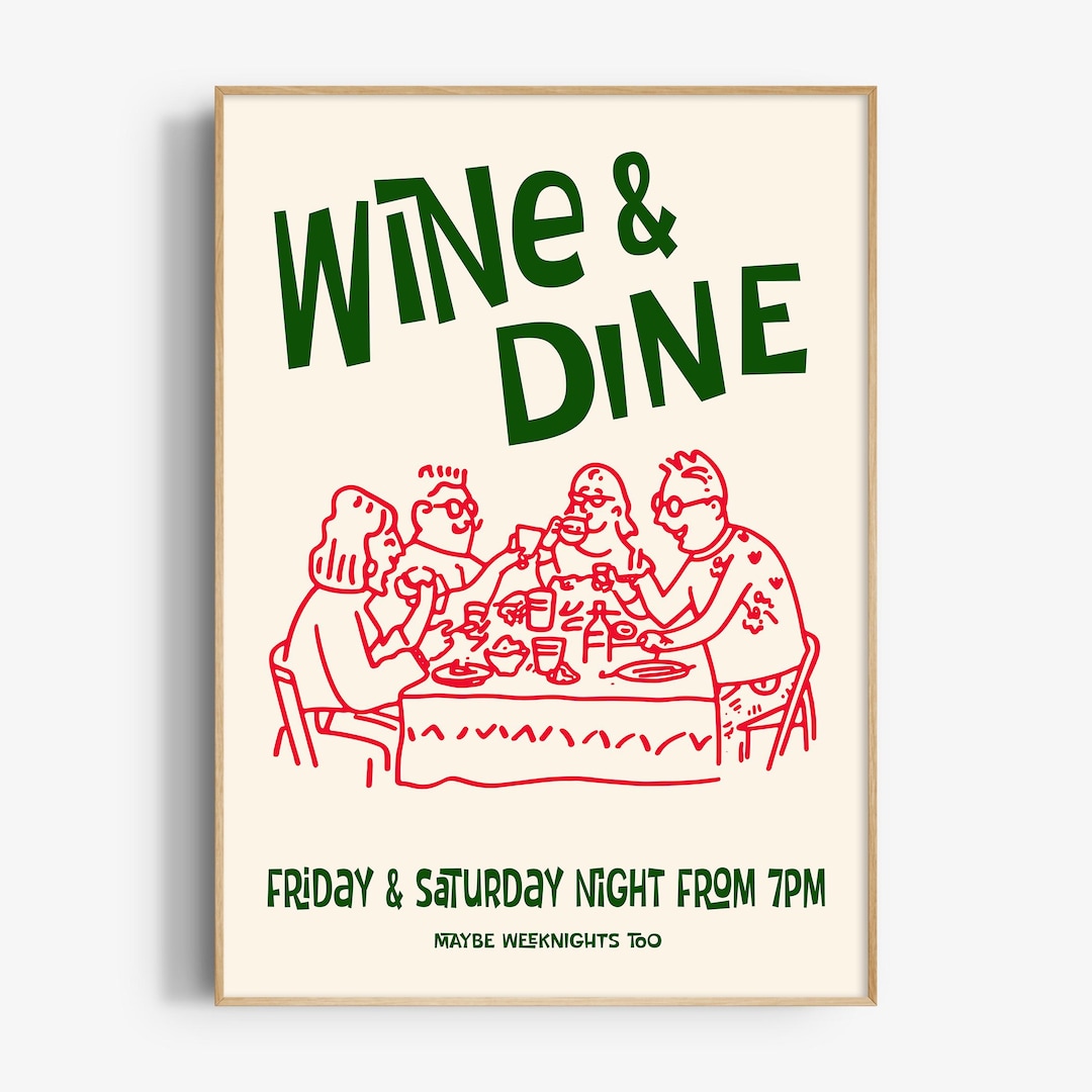 Retro Dinner Party Print, Digital DOWNLOAD, Hand Drawn Wine Print, Mid ...