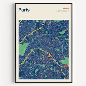 Impressão do mapa da cidade de Paris, pôster do mapa de Paris, arte da parede do mapa de Paris, impressão do mapa de Paris, mapa de ruas de Paris, mapa de Paris, mapa colorido de Paris