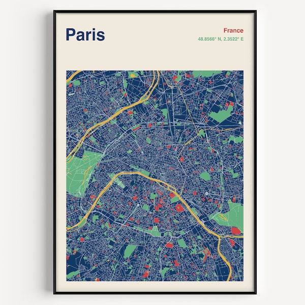 Paris City Map Print, Paris Map Poster, Paris Map Wall Art, Paris Map Print, Paris Street Map, Map Of Paris, Colour Paris Map