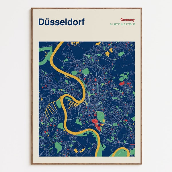 Dusseldorf Map Print, Dusseldorf Map Poster, Dusseldorf Map Wall Art, Dusseldorf Map, Map Of Dusseldorf, Colour Dusseldorf City Map