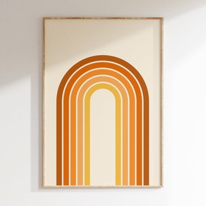 Cartel retro de rayas arco iris de los 70, cartel de arte retro de la década de 1970, estética de los 70, póster de arco amarillo naranja de mediados de siglo, póster de Bauhuas / R021