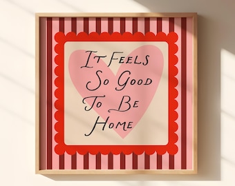 Retro Home Quote Print: Pink Heart, Vintage Stripes Square Wall Art