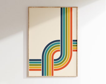 Retro 70s Rainbow Stripes Art Print: Groovy Bauhaus Poster