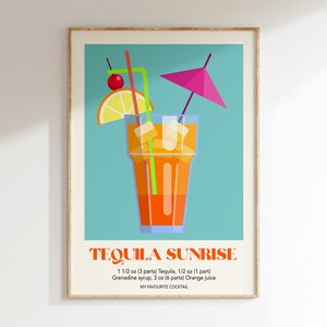 Plakat koktajlowy Tequila Sunrise, plakat koktajlowy retro, wydruk artystyczny koktajlu, plakat do baru kuchennego, sztuka kuchenna retro | G004