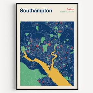 Southampton City Map Print, Southampton UK Map Poster, Southampton Wall Art, Mapa de Southampton, Color Southampton Mapa