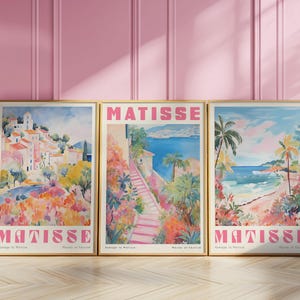 Conjunto de 3 láminas Matisse de playa en tonos pastel, descarga digital de láminas Matisse, arte imprimible Matisse rosa, póster de paisaje Matisse / HM012