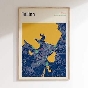 Tallinn Estland Karte Drucken, Tallinn Stadt Karte Drucken, Farbkarte von Tallinn, modernistische Wandkunst, blau gelb Tallinn Karte, individuelles Kartendesign
