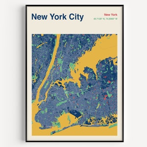 New York City Kaart Afdrukken, Kaart van New York Stad, New York Kaart Poster, Kleur New York Kaart, New York Stratenplan, New York Kaart Decor