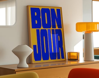 Impresión tipográfica Bonjour: Arte retro francés para pasillos (descarga digital)