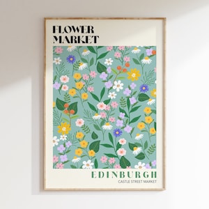 Pastel Green Flower Market Art Print, Edinburgh Flower Market Poster, Flower Market Wall Art, Retro 70's Flower Market, Retro Flowers | F184