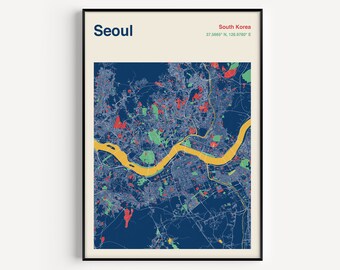Seoul City Map Art Print: Colorful South Korea Street Map - Etsy