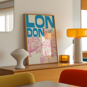 Impression de voyage à Londres rose pastel, impression de Londres du milieu du siècle, téléchargement numérique, affiche de voyage de Londres à la mode, art mural Londres rétro | TR203
