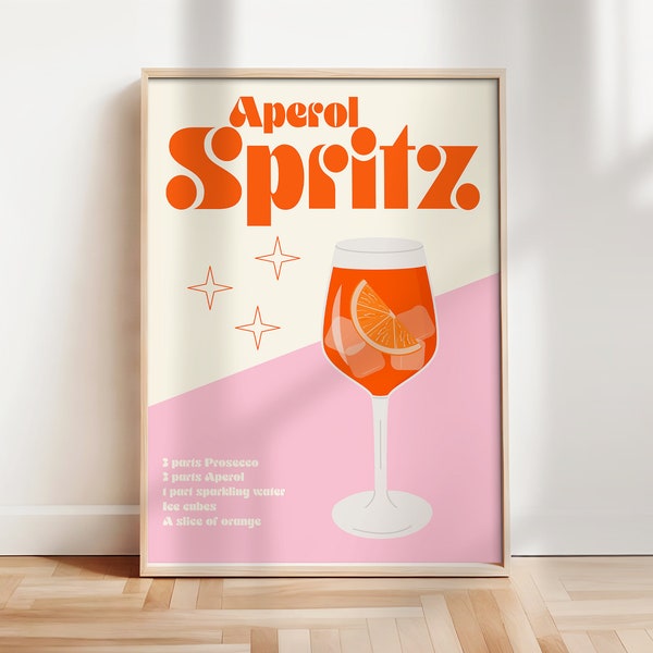 Retro Aperol Spritz Poster, MORE COLOURS, Bar Cart Wall Art, Aperol Spritz Art Print, Retro Cocktail Poster, Mid Century, Preppy Art | KI107