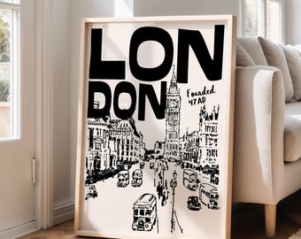 Retro London Travel Poster: Mid-Century Modern Wall Art Print