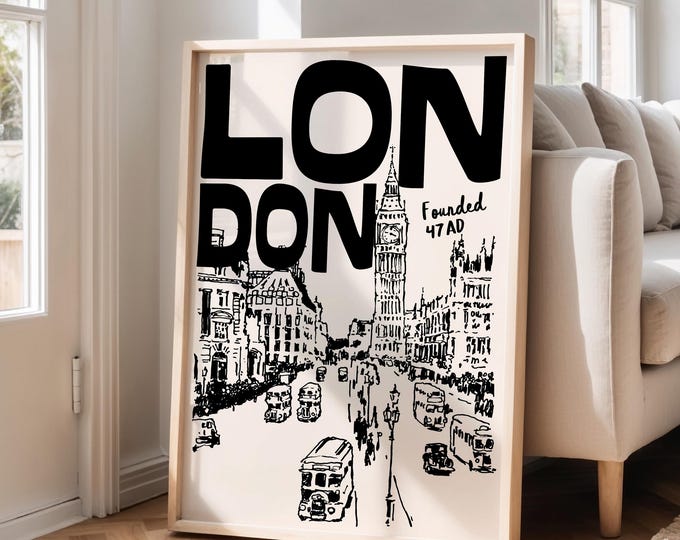 Retro London Travel Poster: Mid-Century Modern Wall Art Print
