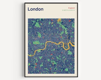 Stampa della mappa di Londra, Poster della mappa di Londra, Mappa della città di Londra a colori, Poster di viaggio della metà del secolo, Poster di viaggio di Londra, Mappa di Londra Arte murale