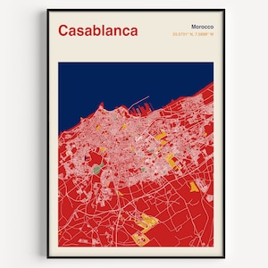 Impression de carte de Casablanca, Affiche de carte de Casablanca, Carte de Casablanca Maroc, Carte de la ville de Casablanca, Affiche de carte du Maroc, Affiche de carte de Casablanca en couleur