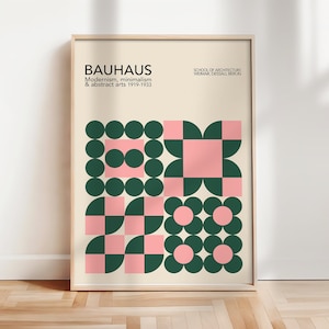 Cartel geométrico de la Bauhaus, impresión de arte Bauhaus rosa verde, cartel geométrico, arte modernista de la pared de la Bauhaus, arte de mediados de siglo / A134