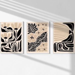 Modern Flowers Print Set, Set Of 3 Matisse Style Posters, Black And Beige Botanical Print, Minimal Botanical Prints, Japandi SET 120