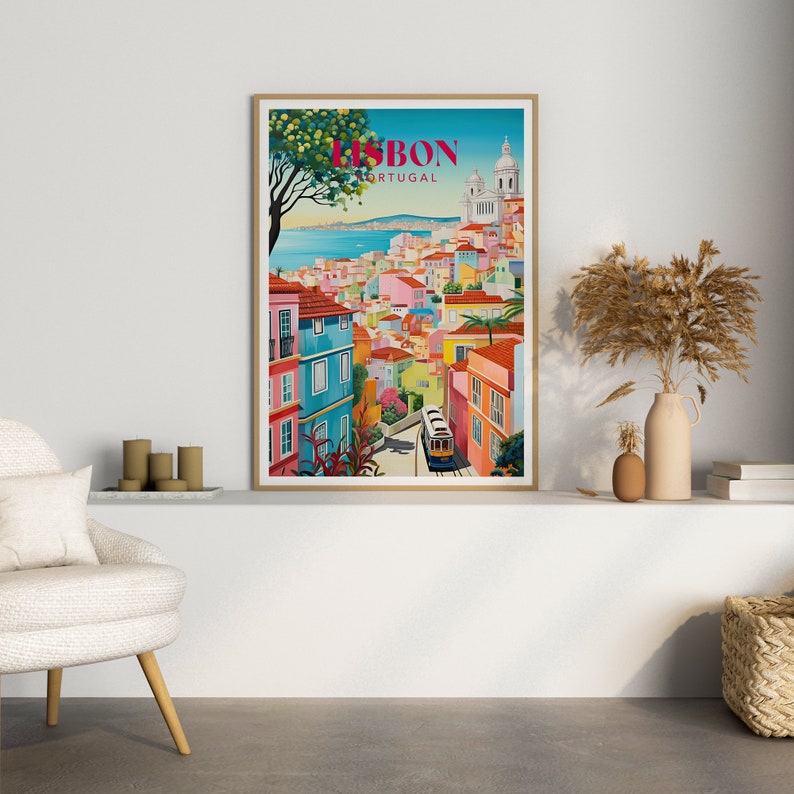 May include: A vintage travel poster featuring a colorful illustration of Lisbon, Portugal. The poster shows a cityscape with buildings, a tram, and a view of the ocean. The text "LISBON PORTUGAL" is printed in red and white.