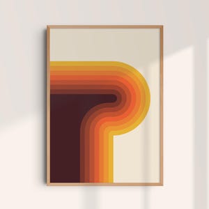 Póster artístico retro de rayas arcoíris de los años 70: Estampado geométrico en tonos naranjas
