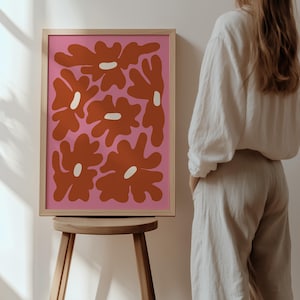 Póster de flores rosas y rojas, estampado botánico inspirado en Matisse, arte mural retro de los años 70, arte mural floral llamativo, estampado floral moderno / JU153
