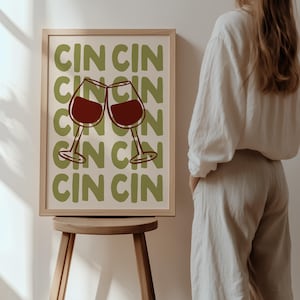 レトロなCin Cinアートプリント、トレンディなキッチンウォールアート、イタリアンキッチンプリント、バーカートプリント、乾杯アートプリント、食べ物と飲み物のプリント | 14J3