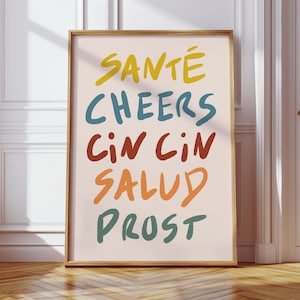 Kleurrijke cheersprint, MEER KLEUREN, Cin Cin-kunstprint, retro barwagenposter, trendy voedselkunst aan de muur, Salud, Sante Prints | KI154