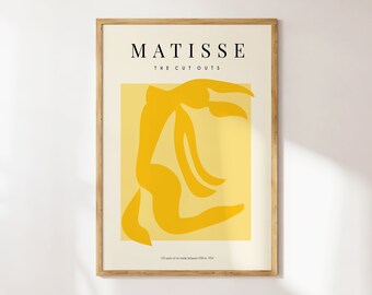 以下が含まれることがあります： 「MATISSE THE CUT-OUTS」というテキストと、薄い黄色の背景に黄色い抽象的な人物が描かれたポスターです。