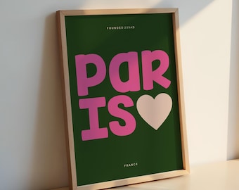 Paris Typography Print: Cream Lettering on Green, Modern Wall Art