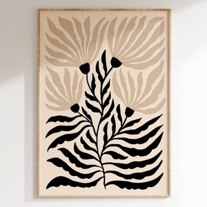 Pôster de flor preto e bege, impressão de arte botânica abstrata, impressão botânica inspirada em Matisse, impressão de flor Boho, arte de parede Japandi | MF024