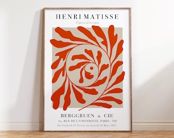 Stampa botanica di Matisse: arte astratta con foglie, beige, arancione e rosso