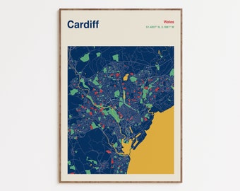 Cardiff Map Print, Cardiff Map Poster, Cardiff Wales Map Wall Art, Map Of Cardiff, Wales Travel Poster, Colour Cardiff Map, Custom Map Print