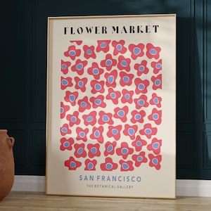 Flower Market Art Print, Pink Flower Market Poster, Flower Market Wall Art, Retro 70's Flower Market, Retro Flowers / F039
