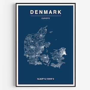 Dänemark Karte Druck, Dänemark Karte Poster, Farbe Dänemark Karte, Landkarte Dänemark, Auswahl der Farben