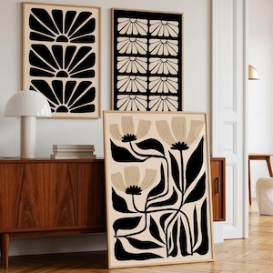 Boho Abstract Flower Prints Set: Black and Beige Matisse Style (Digital Download)